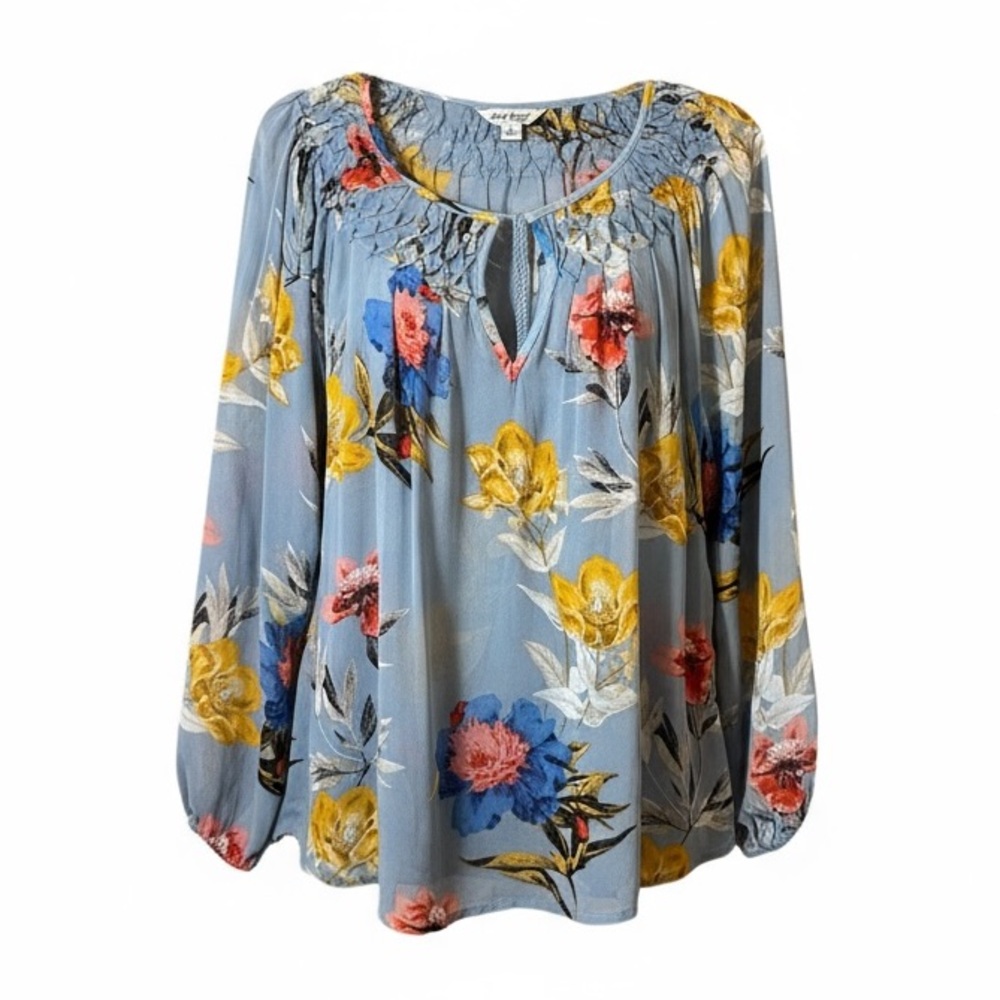 Lucky Brand‎ Sheer Blouse S Small Long Sleeve Blue Floral Scoop Keyhole Boho